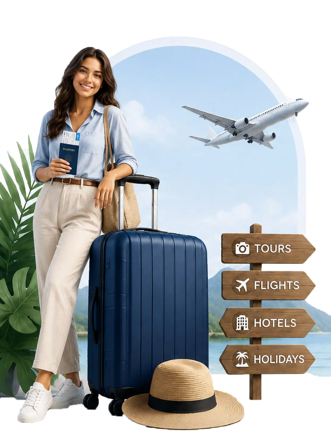 Traveller with luggage and passport beside a travel signpost