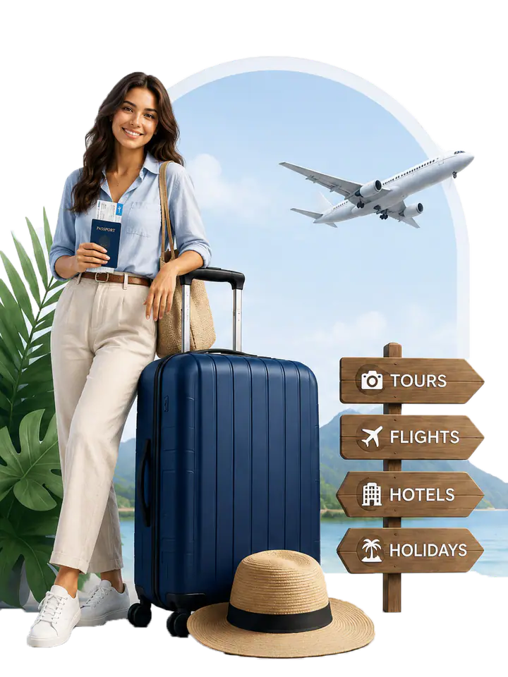 Traveller with luggage and passport beside a travel signpost