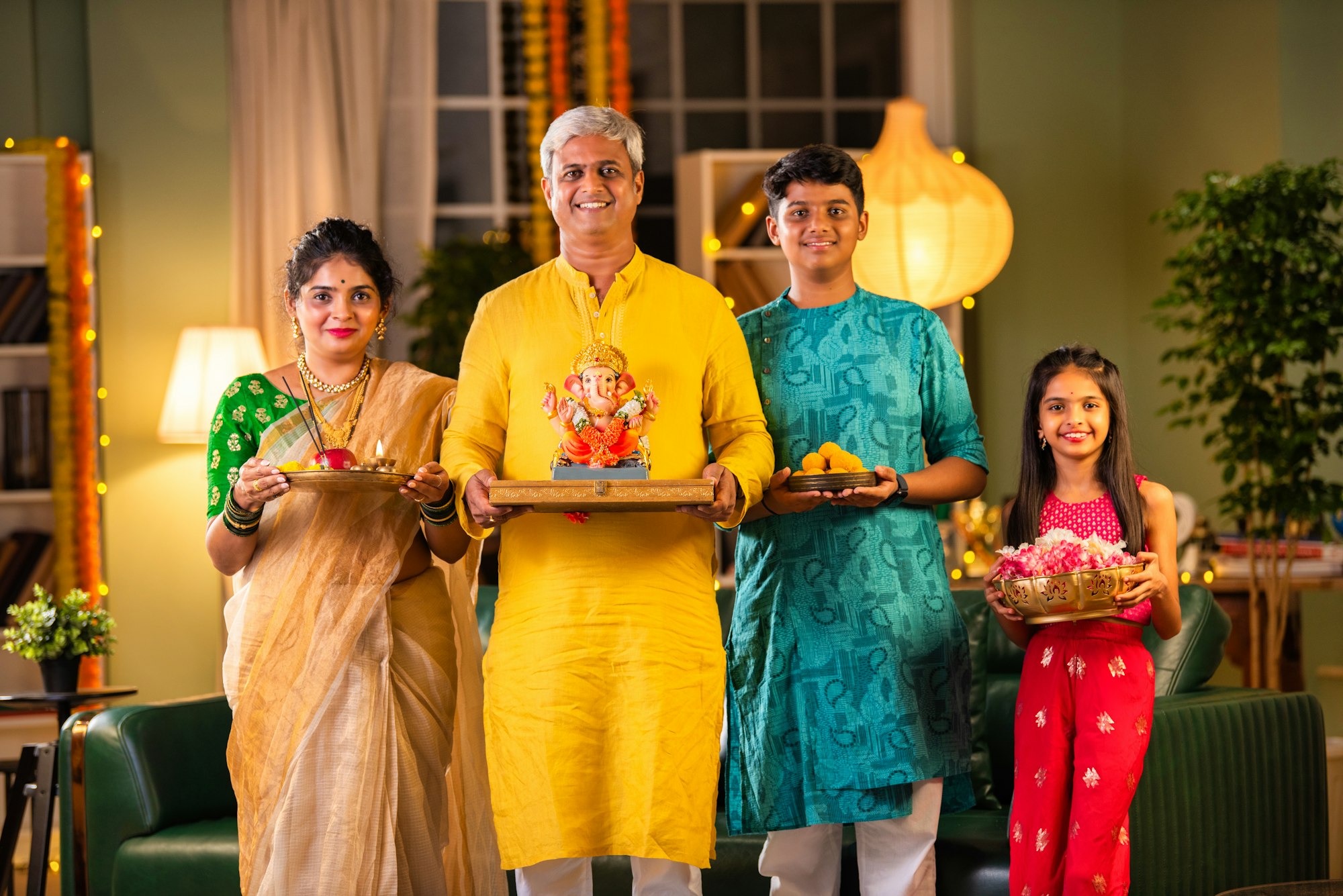 Indian family welcoming Ganpati idol Ganesh on Chaturthi in traditional attire